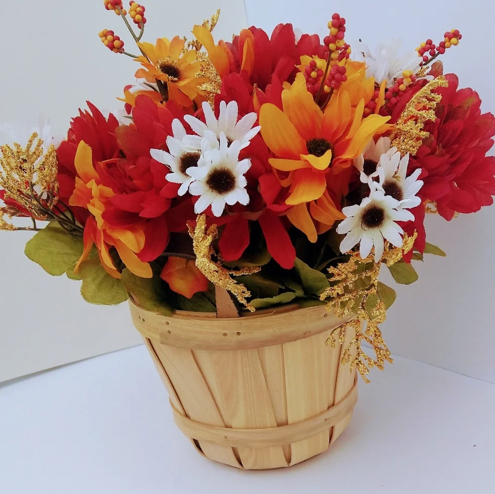 Vibrant Fall Floral Arrangement in Wooden Basket